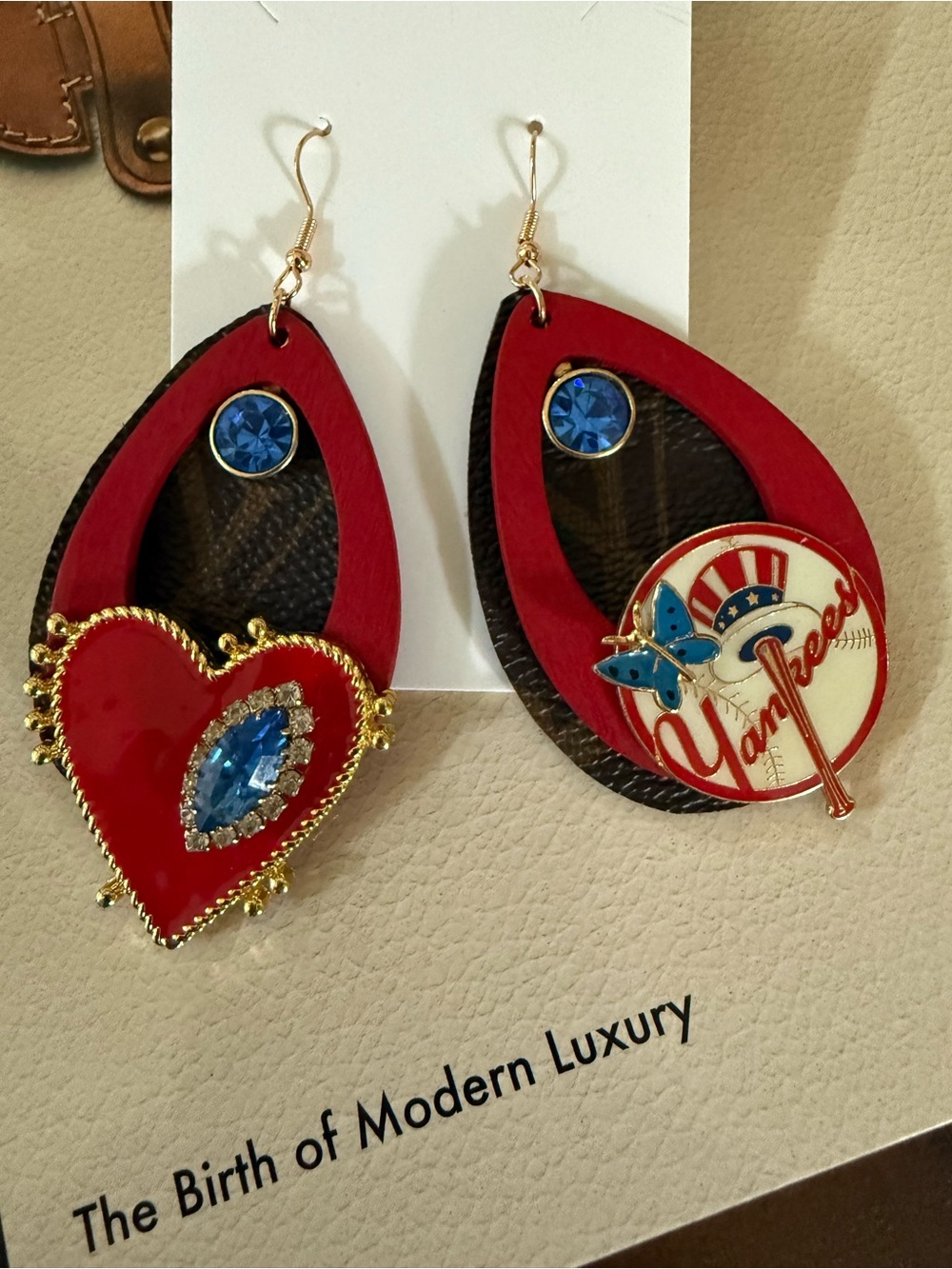 Repurposed handbag & vintage jewelry Yankees earrings